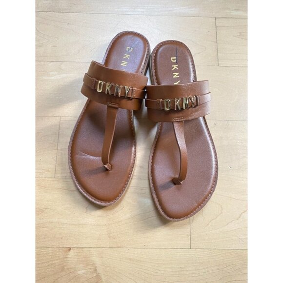 Dkny "Sania" brown thong sandals women sz 6 gold Logo - Picture 2 of 6